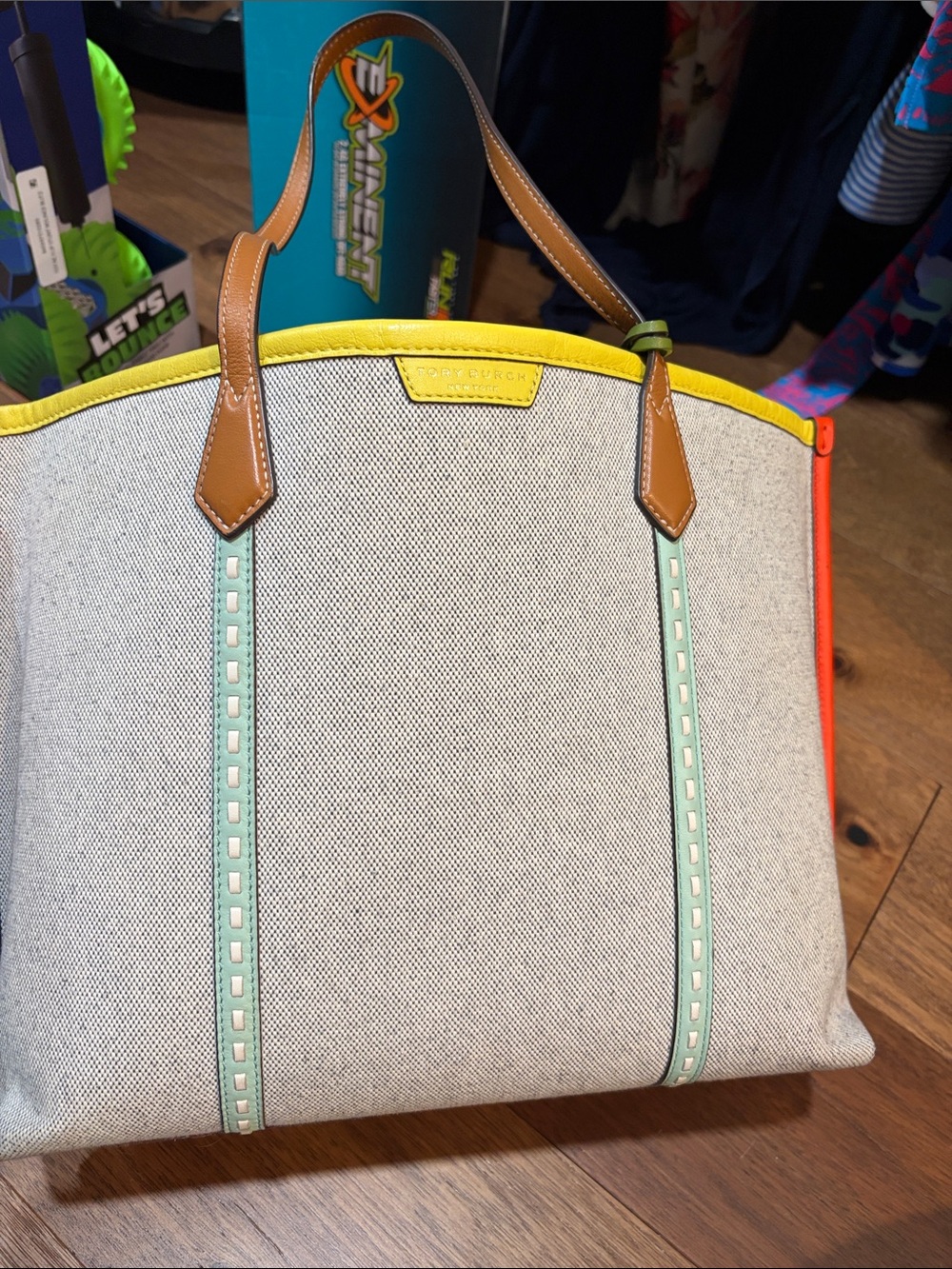 Tory Burch Canvas Tote with Yellow Trim, Turquoise Straps & Orange Piping